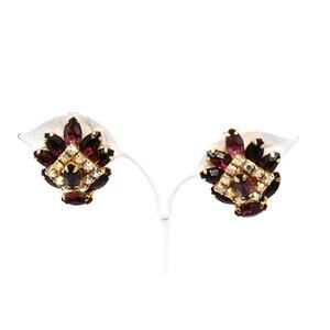 Vintage Purple Rhinestone AB Clip Earrings Gold Tone 1960s